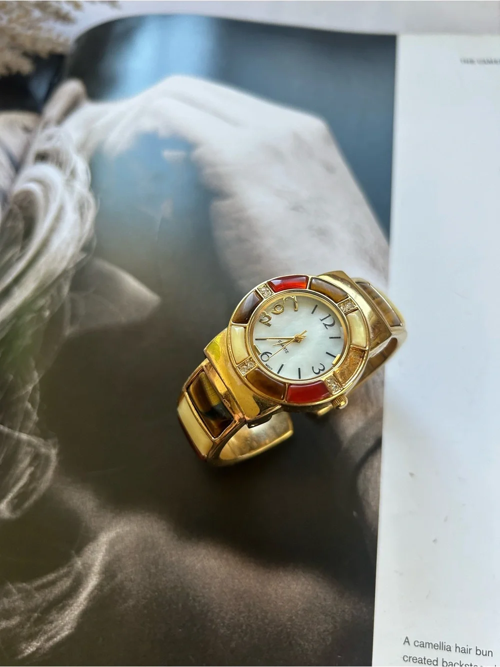 japan movt Gold-Tone Women's Watch with Red Accents